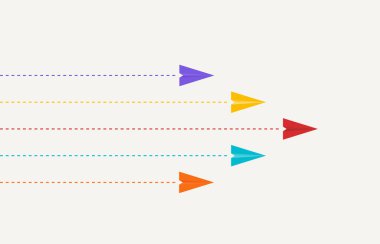 Liderlik ya da farklı kavram. İş yatırımından başarıya. Kırmızı ve beyaz kağıt uçak rotası mavi arkaplan üzerinde.
