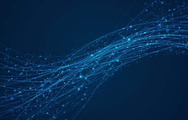 Çizgiler ve Parçacık dinamik akışı. Büyük veri görselleştirme kavramı. Mavi arka planda bir sürü nokta ve iplik var.