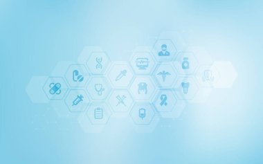 Altıgenler halinde düz simgelerle soyut tıbbi altyapı. Bilim, tıp veya teknoloji için tasarım, yenilik tıbbı, iyileştirme