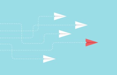 Liderlik ya da farklı kavram. İş yatırımından başarıya. Kırmızı ve beyaz kağıt uçak rotası mavi arkaplan üzerinde.