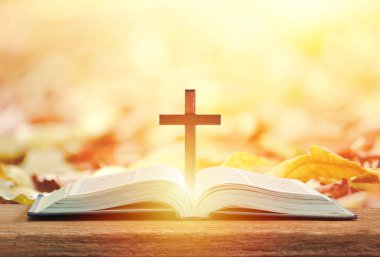 Hristiyan ahşap haçı açık incilde, kutsal kavram