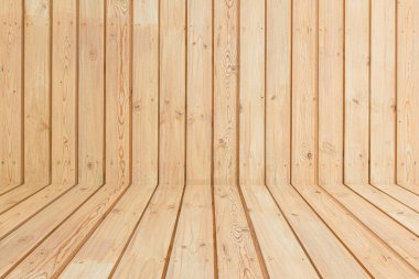 İçi boş ahşap oda. Duvarında ve zemininde doğal ahşap döşemeler var.