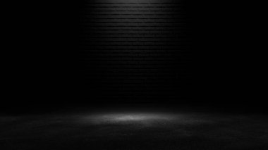 Sahne ışıkları yukarıdan parlayan siyah tuğlalı arka plan, karanlık stüdyo zemininde dramatik ışıklandırma ve gölge, ürün sergisi için ideal..