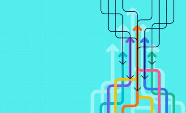 Turkuaz şebeke arka planında dinamik bir akış modeli oluşturan çok renkli oklar, karar verme, strateji ve iş süreci kavramlarını sembolize eder.