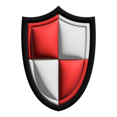 Kırmızı ve beyaz kadranlı kalın 3D kalkan simgesi, korumayı sembolize ediyor, güvenlik