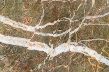 Çarpıcı beyaz kuvars damarları ve toprak dokuları içeren pürüzsüz yeşil mermer taş, lüks tasarım, arka plan veya inşaat malzemesi için ideal.