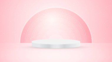Pembe arka planda beyaz podyum. Ürün sunumu, taklit et. Kozmetik ürünü göster