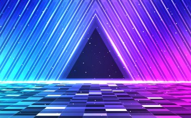 Retro siber punk tarzı arka plan. Bilim kurgu geçmişi. Neon ışık şebekesi manzaraları. 80 'ler, 90' lar