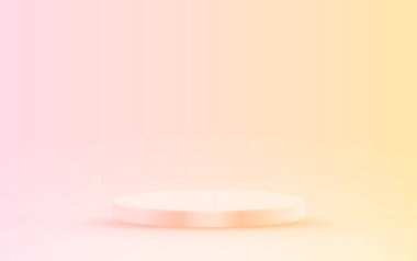 Yuvarlak pembe ve turuncu sahne podyumu ışıkla aydınlatılmış. Ürün sunumu için vektör