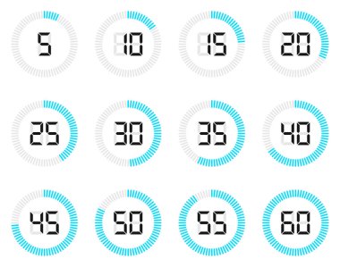 Beyaz arkaplanda dijital numaralar izole edilmiş zaman simgesi seti