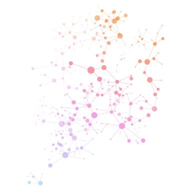 Değişken düğümlere sahip soyut moleküler ağ yapısı ve mavi ve mor renkli çizgiler bilim, teknoloji veya veriyle ilgili tasarımlar için idealdir..