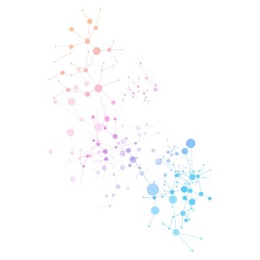 Değişken düğümlere sahip soyut moleküler ağ yapısı ve mavi ve mor renkli çizgiler bilim, teknoloji veya veriyle ilgili tasarımlar için idealdir..