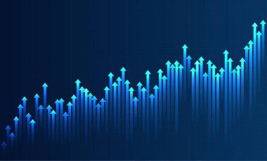 Koyu arkaplanda yükselen mavi oklarla parlayan tablo, büyümeyi, finansmanı, yatırımı, başarıyı, ekonomiyi ve iş gelişimini simgeliyor.