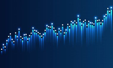 Karanlık arka planda parlayan ve yükselen mavi çizgileri ile ticaret, finans, yatırım, ekonomi ve pazar analizini sembolize ediyor.