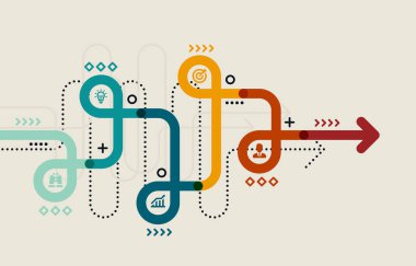 İş stratejisi zaman çizelgesinde planlama, büyüme ve başarıyı temsil eden sarmal ok ve simgelerle renkli yol haritası bilgisiName.