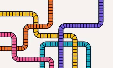 Üst üste binen sarı, kırmızı, pembe, mavi ve mor renkli kıvrımlı metro hattı deseni.