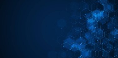 Dijital teknoloji geçmişi. Çizgiler ve noktalarla soyut altıgenler. Bilim, tıp veya teknoloji için tasarım