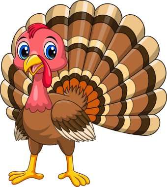 Beyaz arka planda şirin çizgi film hindi kuşu.