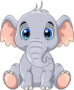 Beyaz arka planda gülümseyen sevimli gri fil çizgi filmi