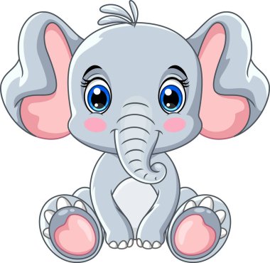 Cute gray elephant cartoon sitting while smiling on white background clipart