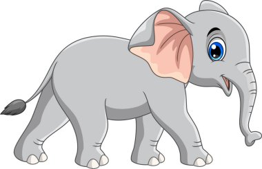 Beyaz arka planda gülümseyen sevimli gri fil çizgi filmi