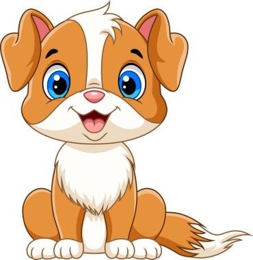 Beyaz arka planda oturan ve gülümseyen sevimli köpek çizgi filmlerinin tasviri
