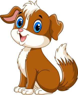 Beyaz arka planda oturan ve gülümseyen sevimli köpek çizgi filmlerinin tasviri