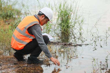 Environmental engineers work at water source to check for contaminants  in water sources and analysing water test results for reuse.World environment day concept. clipart