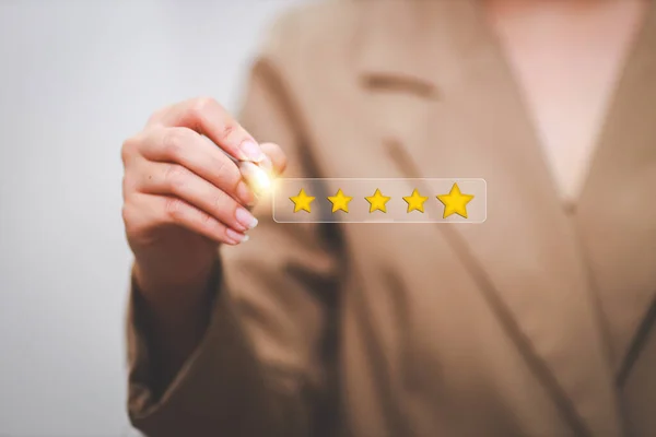 Customer Pressing Satisfaction Gold Five Star Rating Feedback Icon Press — Stock Photo, Image
