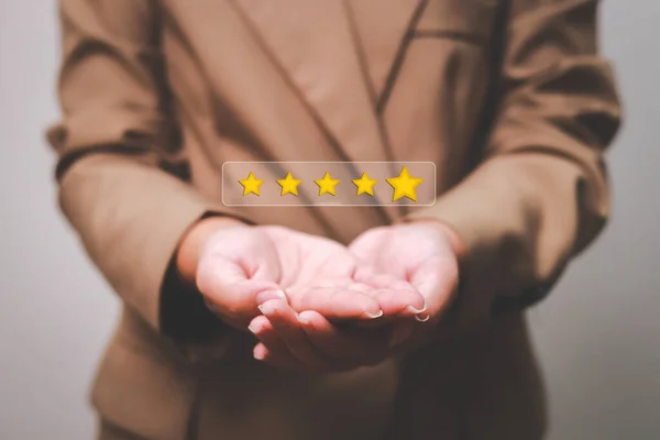 Customer Pressing Satisfaction Gold Five Star Rating Feedback Icon Press — Stock Photo, Image