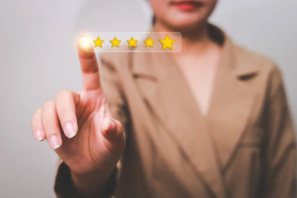 Cliente Premendo Soddisfazione Con Oro Cinque Stelle Rating Feedback Icona — Foto Stock