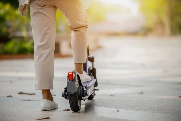 Fashionable Lady Suit Rides Electric Scooter Work Office Buildings — Stock Photo, Image