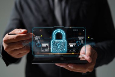 Koruma ağı güvenliği veri konseptinizi emniyete aldı. İsimsiz bir hacker tarafından dijital suç.