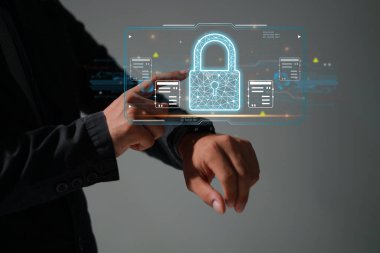 Koruma ağı güvenliği veri konseptinizi emniyete aldı. İsimsiz bir hacker tarafından dijital suç.