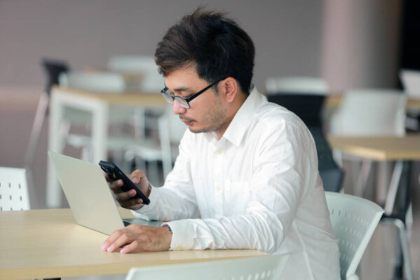 Young Business Man Glasses Laptop Computer Working Office Online Shopping Stock Image