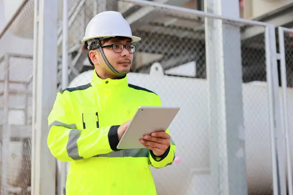 Portrait Professional Man Engineer Working Checking Work Place Keep Liquid Stock Image