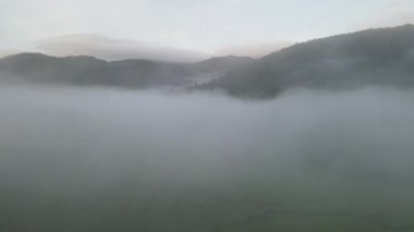 Yağmur mevsiminde Sapan köyü ormanındaki çeltik tarlasının güzel hava manzarası Nan 'ın Tayland eyaleti Nan' da sisli ve el değmemiş nehirlerle kaplıydı..