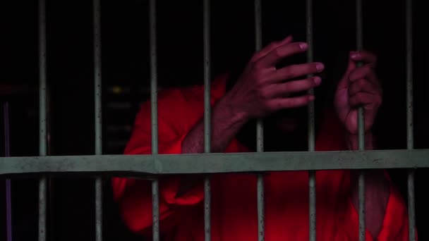 Prigioniero Remorsefully Appende Mani Fuori Una Cella Prigione — Video Stock