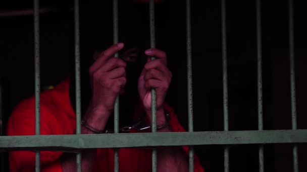 Prisionero Con Remordimiento Cuelga Sus Manos Fuera Una Celda — Vídeos de Stock