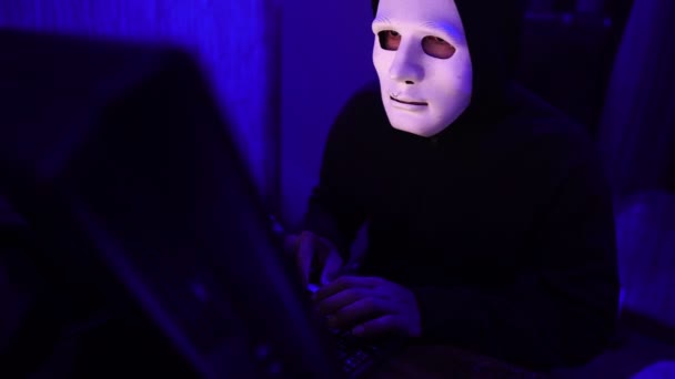 Dangerous Hacker Wearing Mask Breaks Government Data Server — Stock Video