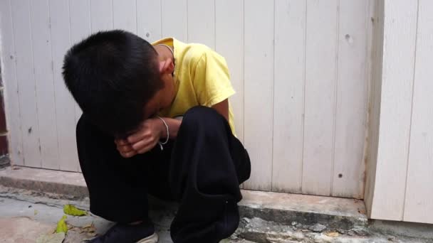 Sad Little Homeless Boy Siting Floor — Stock Video