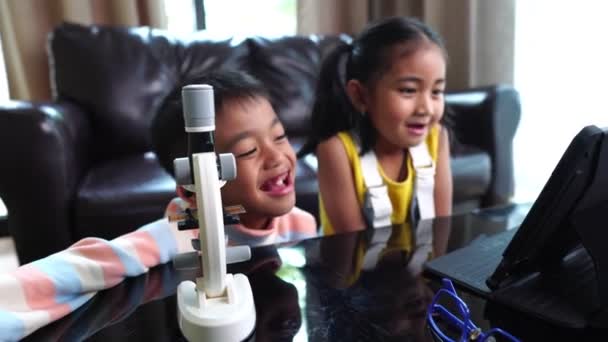 Asian Children Attending Online Class Home — Stock Video