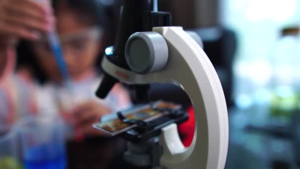亚洲小女孩用液体和显微镜做科学实验 — 图库视频影像