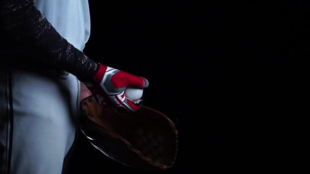 Footage Slow Motion Baseball Player Glove Ball Black Background Going — Stock Video