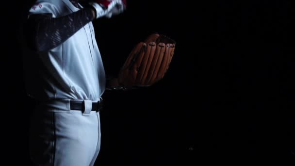 Footage Slow Motion Baseball Player Glove Ball Black Background Going — Stock Video
