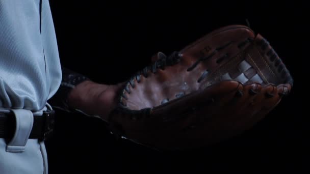 Footage Slow Motion Baseball Player Glove Ball Black Background Going — 비디오