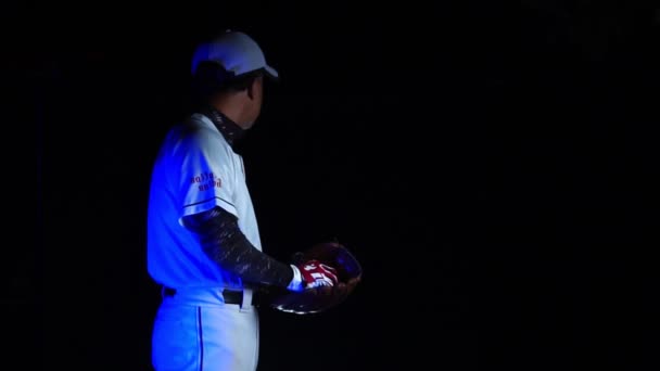 Footage Slow Motion Baseball Player Glove Ball Black Background Going — 비디오
