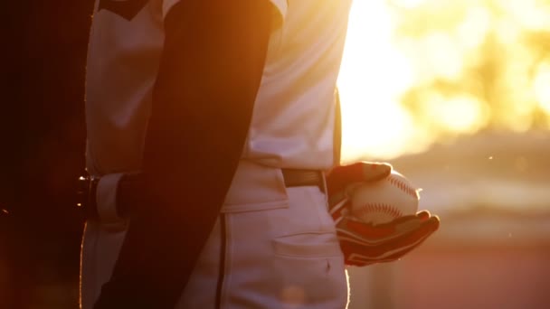 Footage Slow Motion Baseball Player Glove Ball Sunset Going Throw — Stock Video