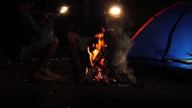  Geceleri ormanda kamp ateşinin yanında ukulele oynayan bir adam. Seyahat ve eğlence. 