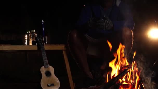 Ένας Άντρας Παίζει Γιουκαλίλι Κοντά Στη Φωτιά Στο Δάσος Νύχτα — Αρχείο Βίντεο